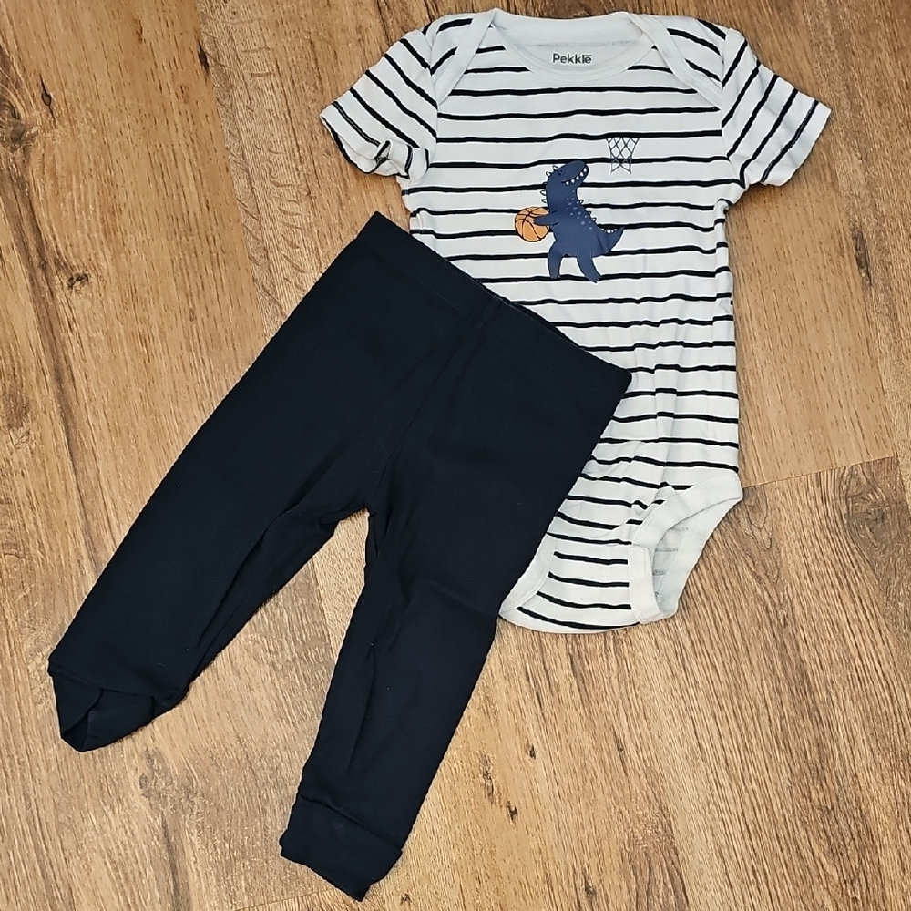 Striped Dinosaur Onesie and Navy Pants Set